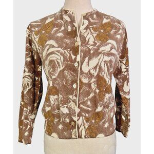 Vintage 1950s Sidney Gould Womens Cardigan Tan Brown Floral Wool